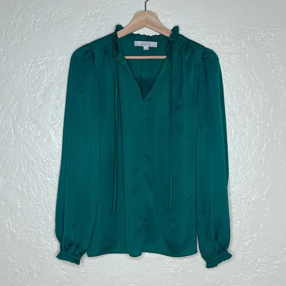 Loft Green Puff Sleeve Tie Neck Cotton Modal Blouse Womens‎ Medium